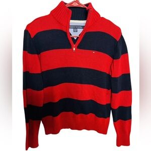 Tommy Hilfiger Boy Red Long Sleeve Striped Quarter Zip Sweater Size 12/14 M